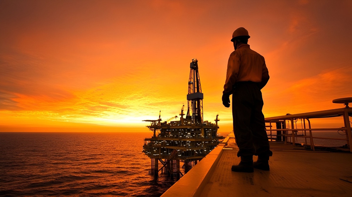Offshore platform worker overlooking the rig at sunset